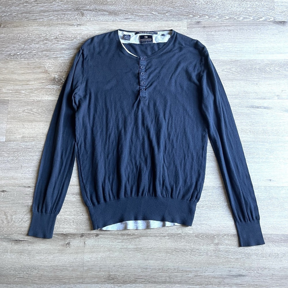 Scotch & Soda Men's Navy Henley‎ Shirt Large Grey Lining Lightweight Top Y2K